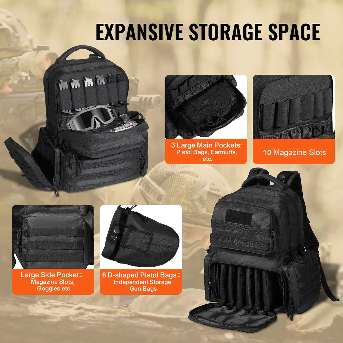 Tactical Backpack for 6 Pistols — 6 Independent Pouches, 10 Magazines, Lockable, Black