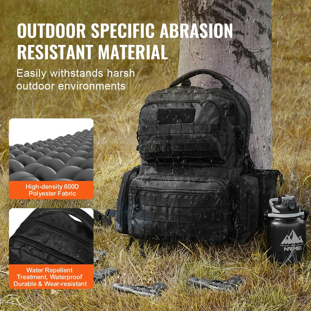 Tactical Backpack for 6 Pistols — 6 Independent Pouches, 10 Magazines, Lockable, Black