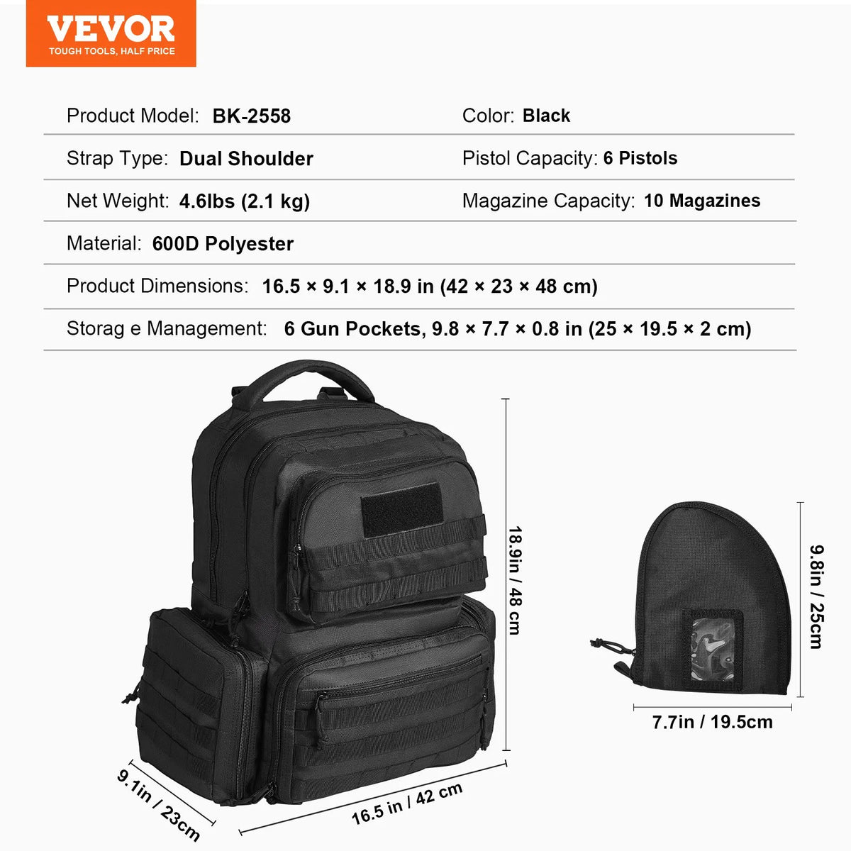 Tactical Backpack for 6 Pistols — 6 Independent Pouches, 10 Magazines, Lockable, Black