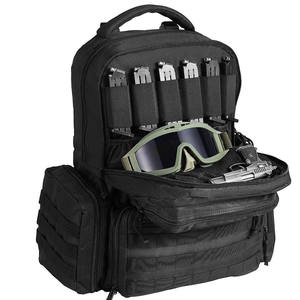 Tactical Backpack for 6 Pistols — 6 Independent Pouches, 10 Magazines, Lockable, Black