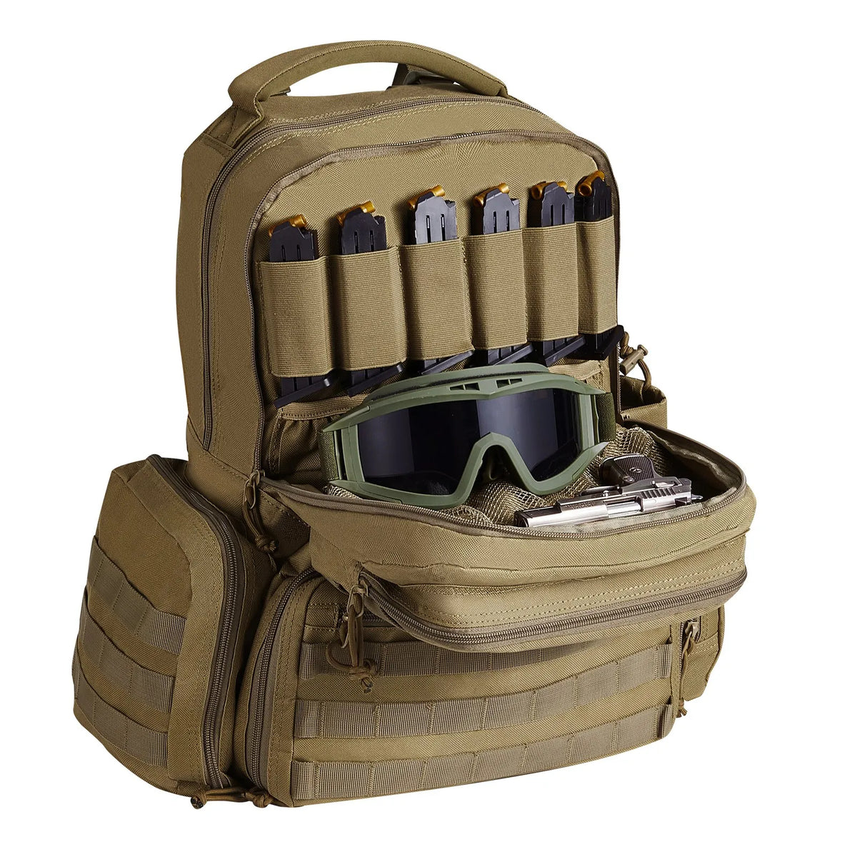 Tactical Backpack for 6 Pistols — 6 Separate Pouches, 10 Magazines, Lockable, Brown
