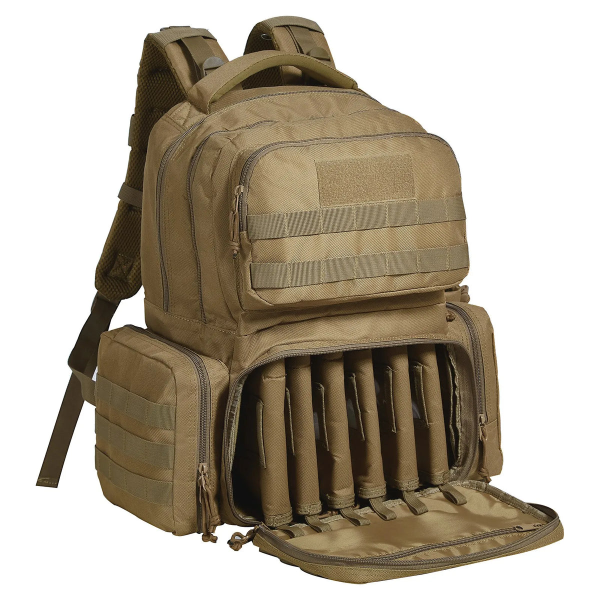 Tactical Backpack for 6 Pistols — 6 Separate Pouches, 10 Magazines, Lockable, Brown