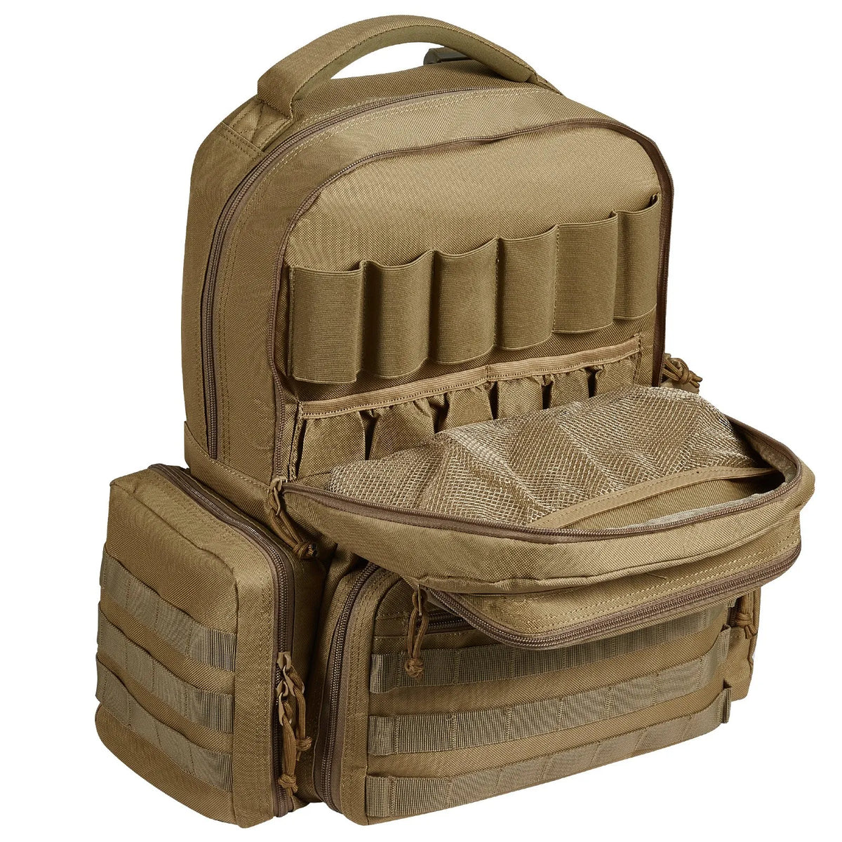 Tactical Backpack for 6 Pistols — 6 Separate Pouches, 10 Magazines, Lockable, Brown