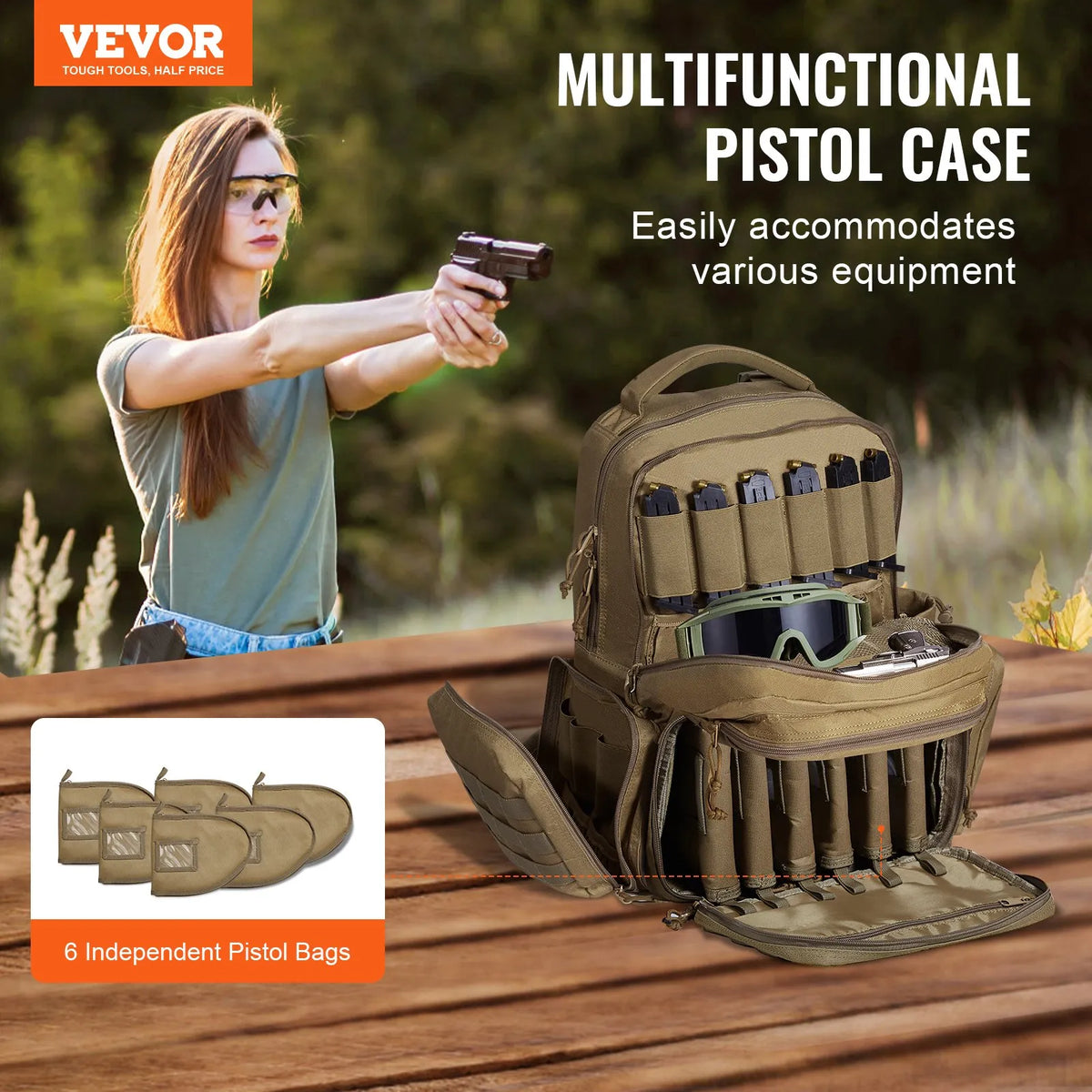 Tactical Backpack for 6 Pistols — 6 Separate Pouches, 10 Magazines, Lockable, Brown