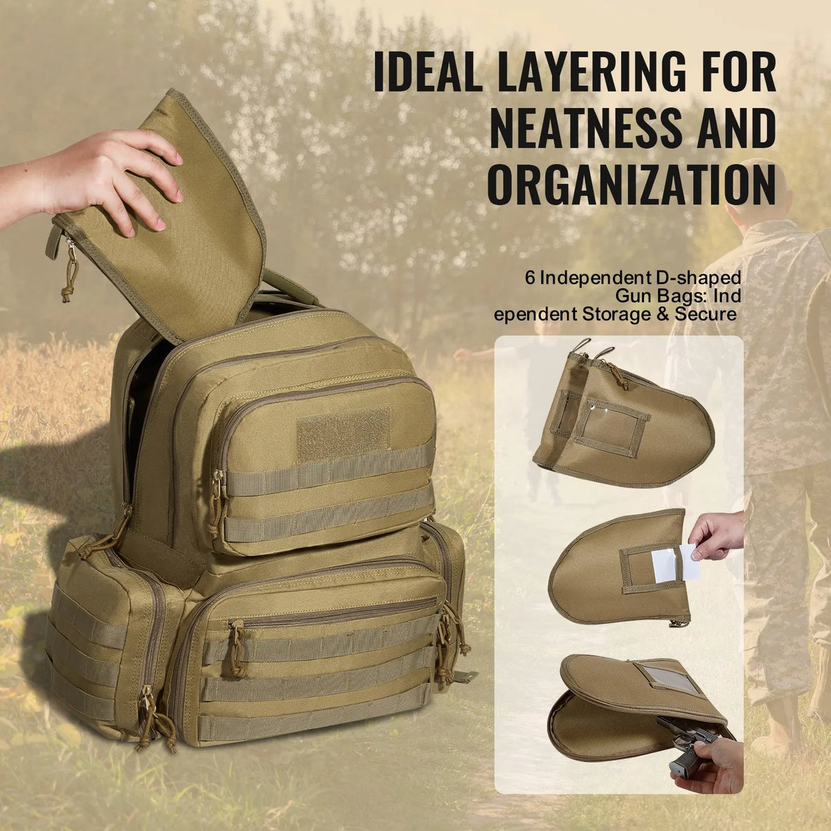 Tactical Backpack for 6 Pistols — 6 Separate Pouches, 10 Magazines, Lockable, Brown