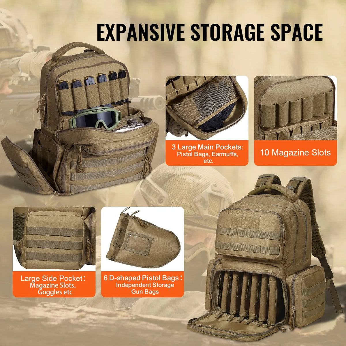 Tactical Backpack for 6 Pistols — 6 Separate Pouches, 10 Magazines, Lockable, Brown