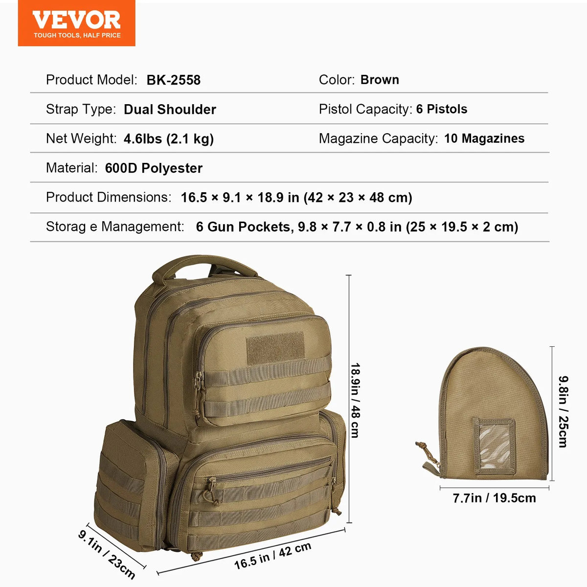 Tactical Backpack for 6 Pistols — 6 Separate Pouches, 10 Magazines, Lockable, Brown