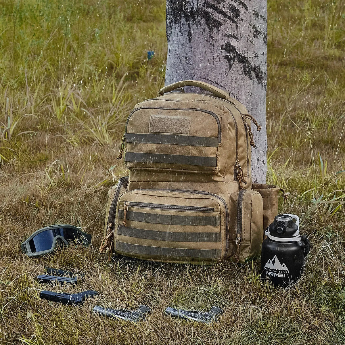 Tactical Backpack for 6 Pistols — 6 Separate Pouches, 10 Magazines, Lockable, Brown