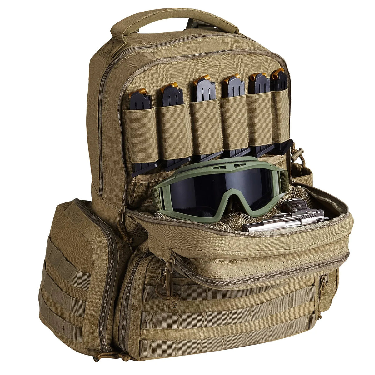 Tactical Backpack for 6 Pistols — 6 Separate Pouches, 10 Magazines, Lockable, Brown