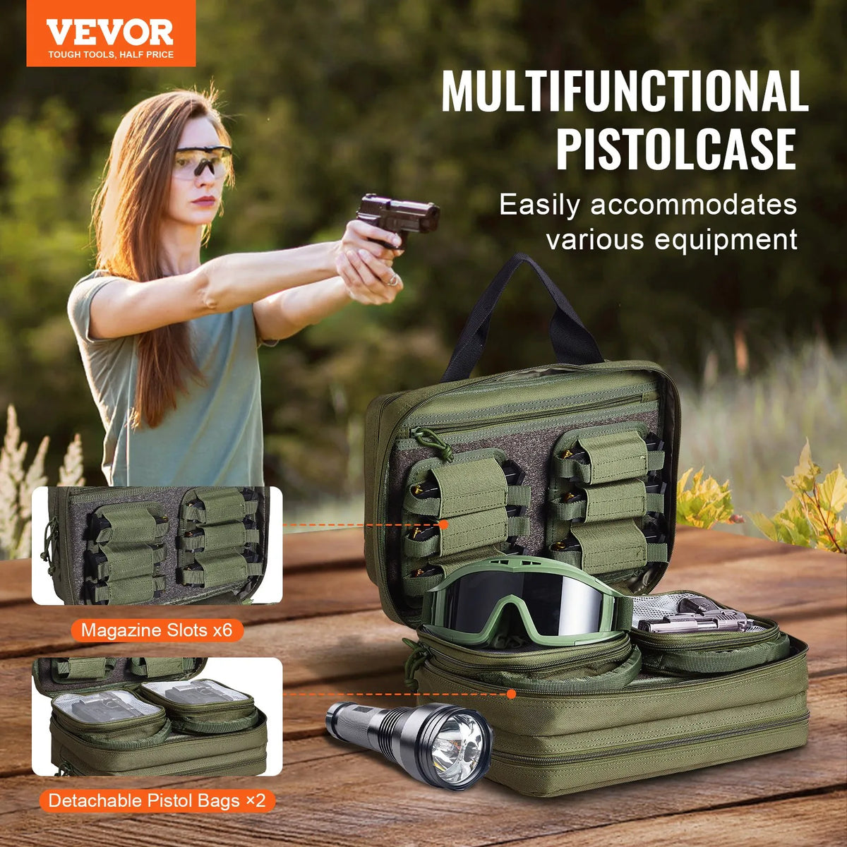 Tactical Rifle Bag for 2 Pistols — 2 Removable Inserts, 6 Detachable Magazines, Lockable, Green