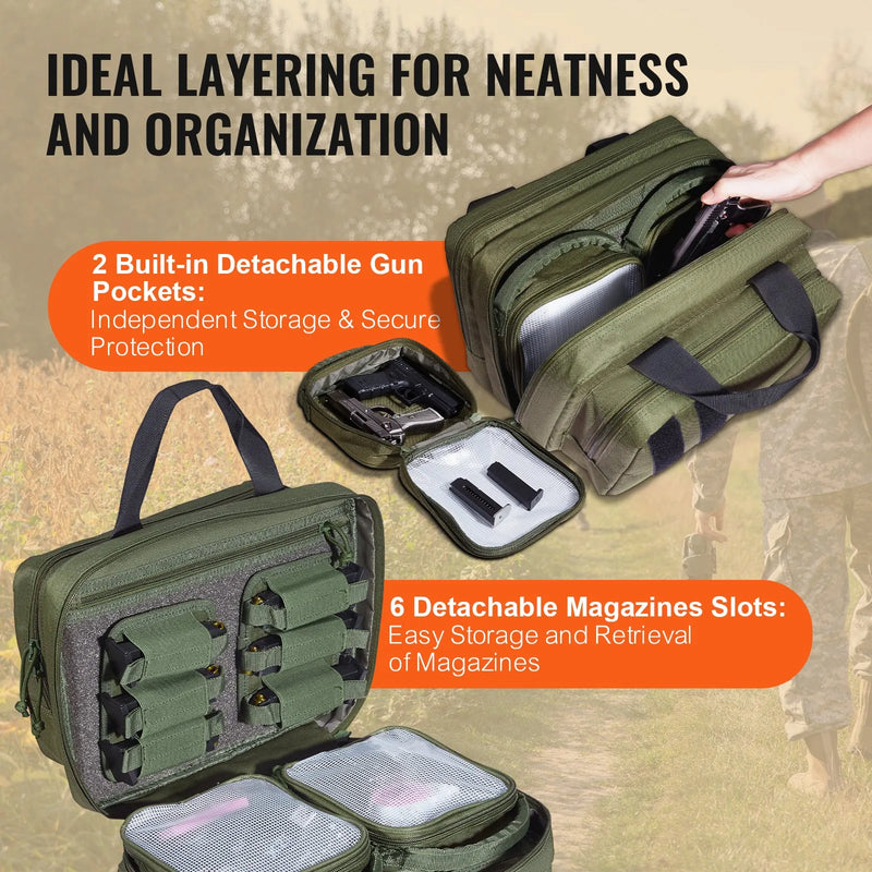 Taktiskā šautuves soma 2 pistolēm — 2 noņemami ieliktnīši, 6 atdalāmas magazīnas, aizslēdzama, zaļa