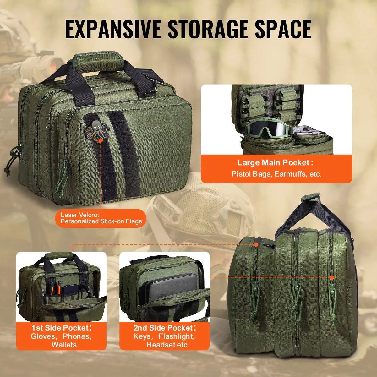 Tactical Rifle Bag for 2 Pistols — 2 Removable Inserts, 6 Detachable Magazines, Lockable, Green