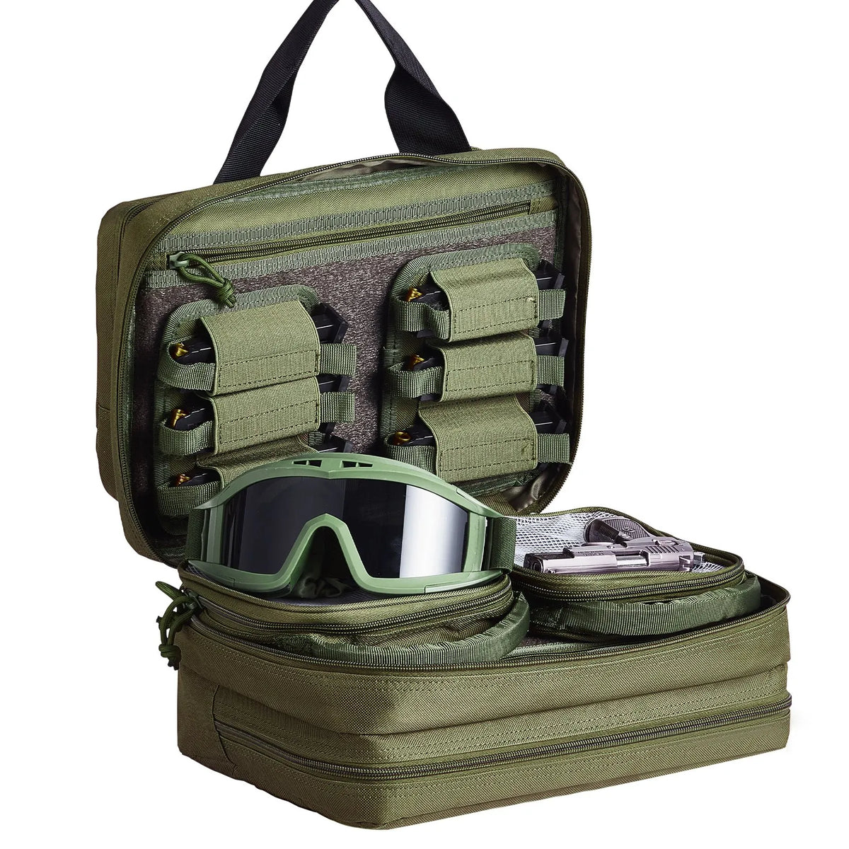 Tactical Rifle Bag for 2 Pistols — 2 Removable Inserts, 6 Detachable Magazines, Lockable, Green