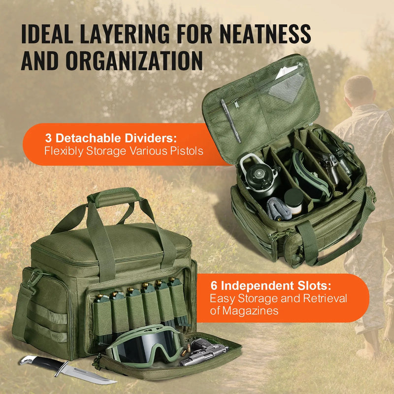 Taktiskā šautuves soma 4 pistolēm — 3 noņemami ieliktnīši, 6 magazīnas, vienpleca siksna, zaļa