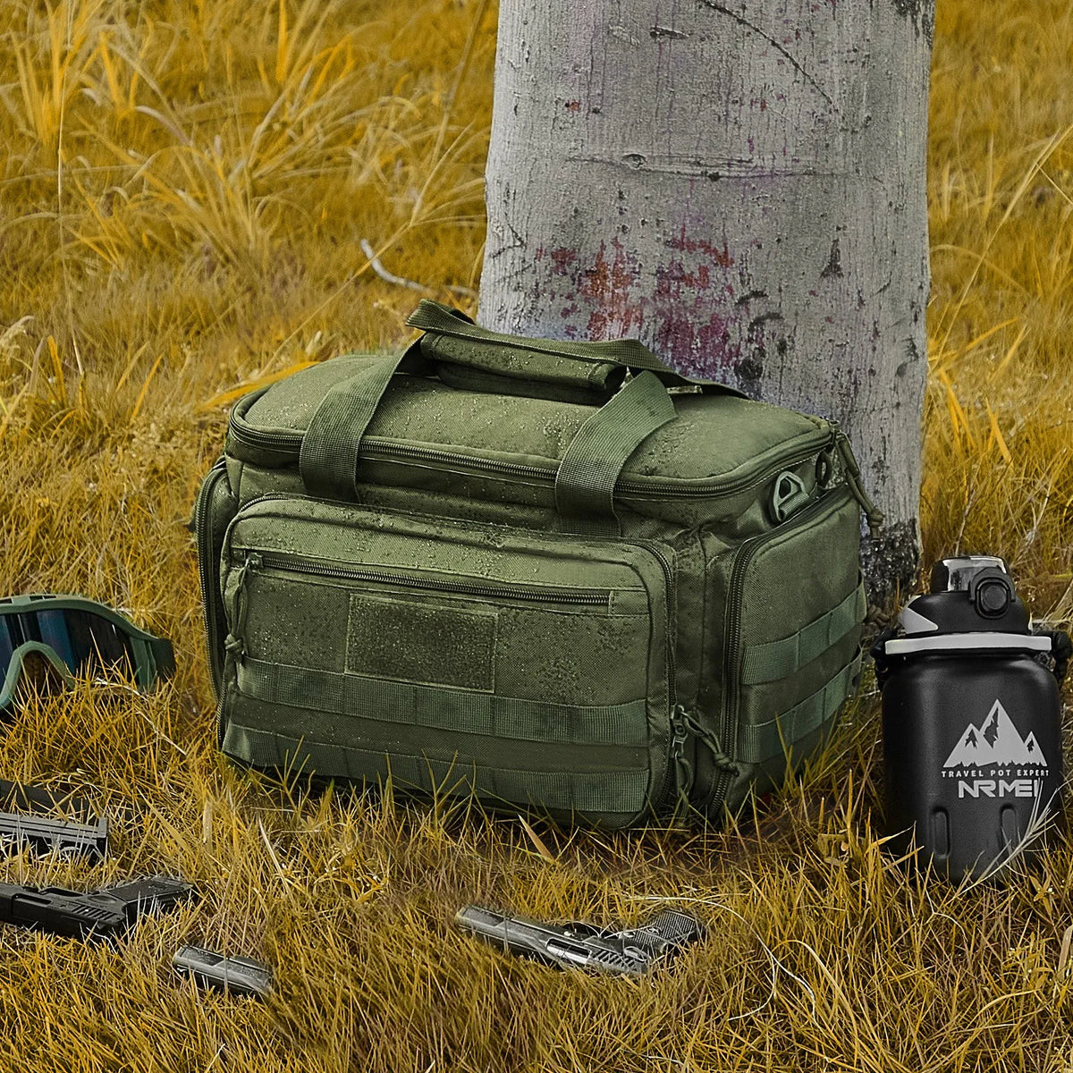 Taktiskā šautuves soma 4 pistolēm - 3 noņemami ieliktnīši, 6 magazīnas, vienpleca siksna, zaļa