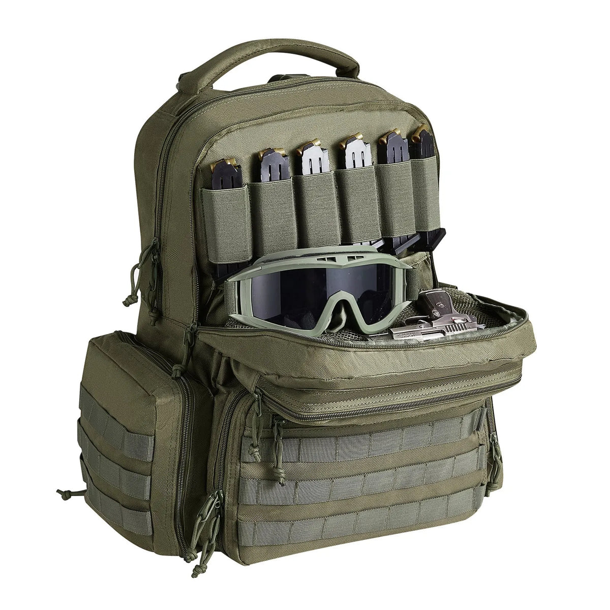 Tactical Backpack for 6 Pistols — 6 Separate Pouches, 10 Magazines, Lockable, Green