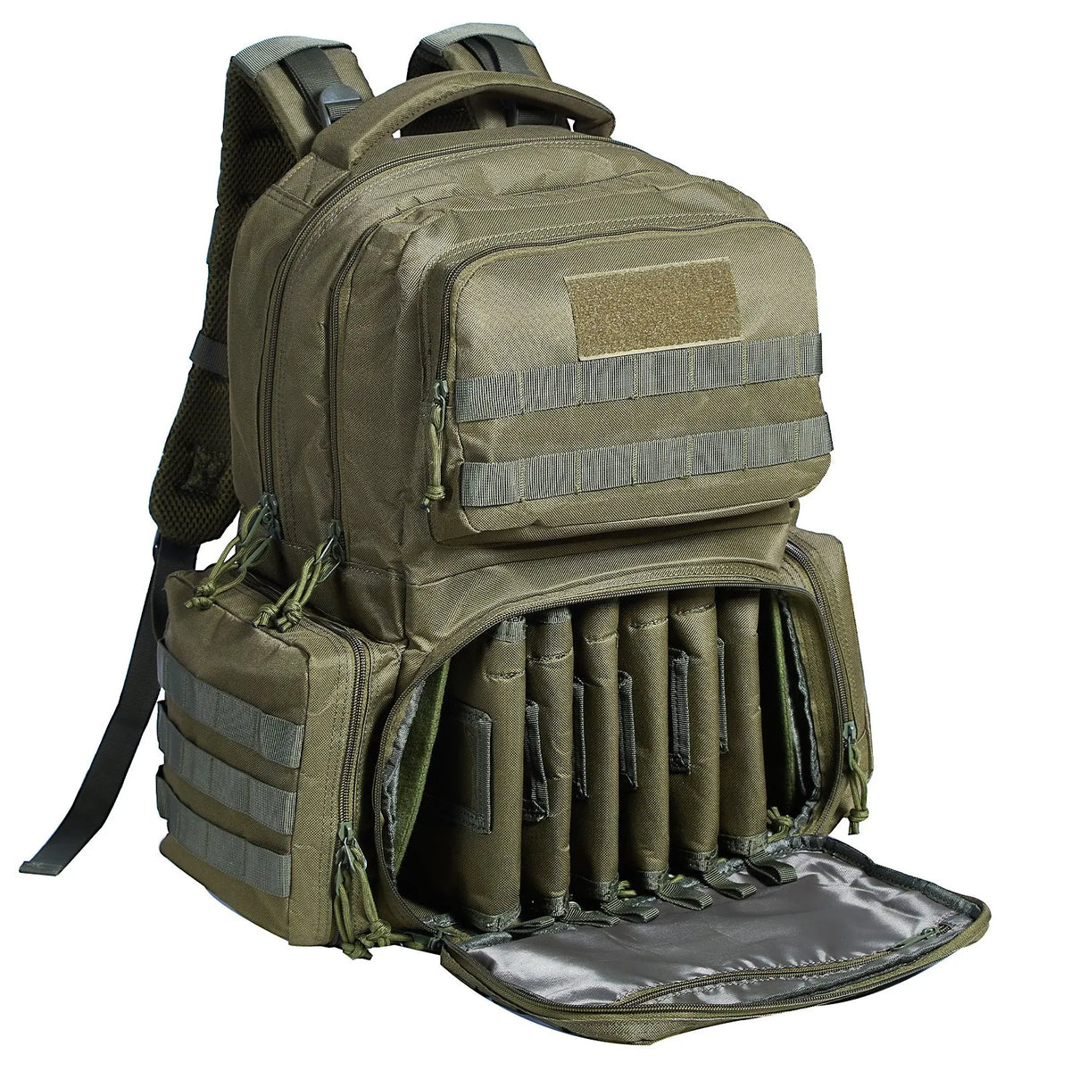Tactical Backpack for 6 Pistols — 6 Separate Pouches, 10 Magazines, Lockable, Green