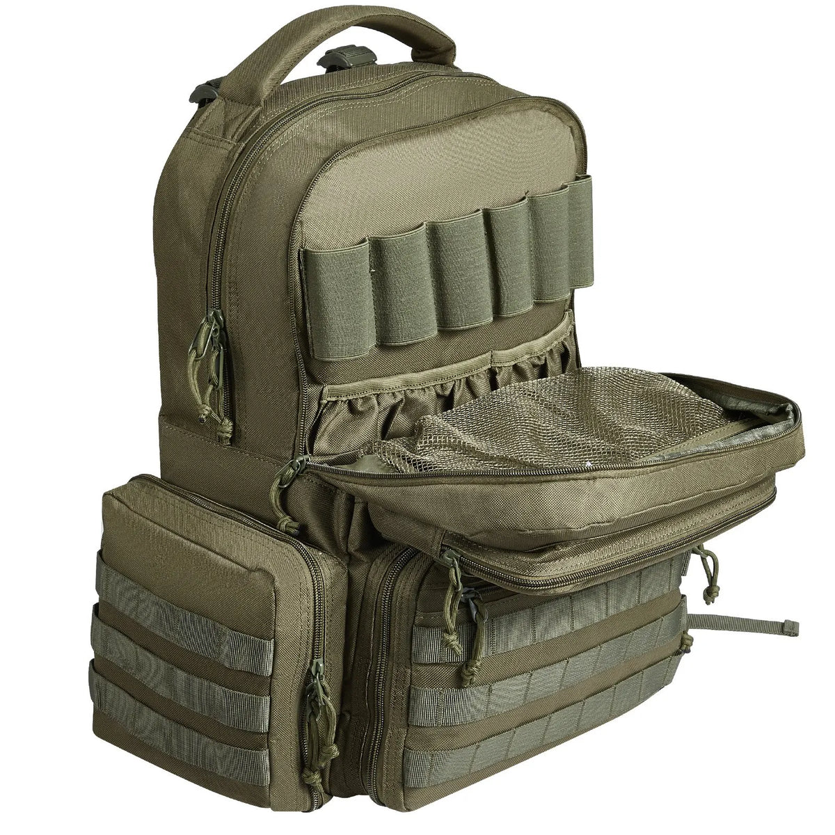 Tactical Backpack for 6 Pistols — 6 Separate Pouches, 10 Magazines, Lockable, Green