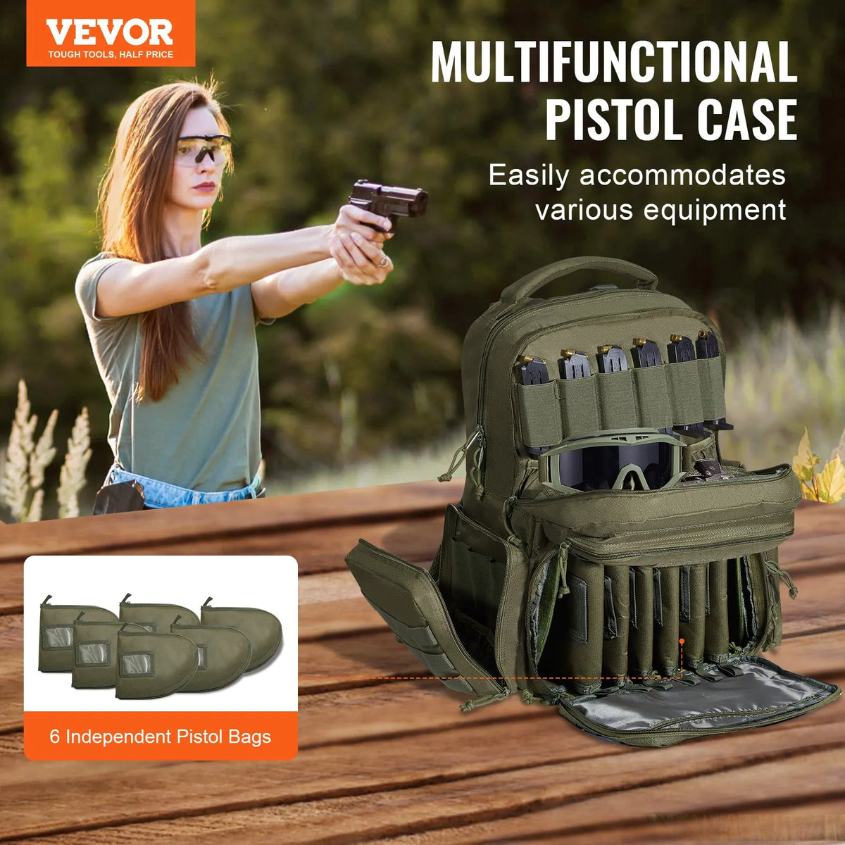 Tactical Backpack for 6 Pistols — 6 Separate Pouches, 10 Magazines, Lockable, Green