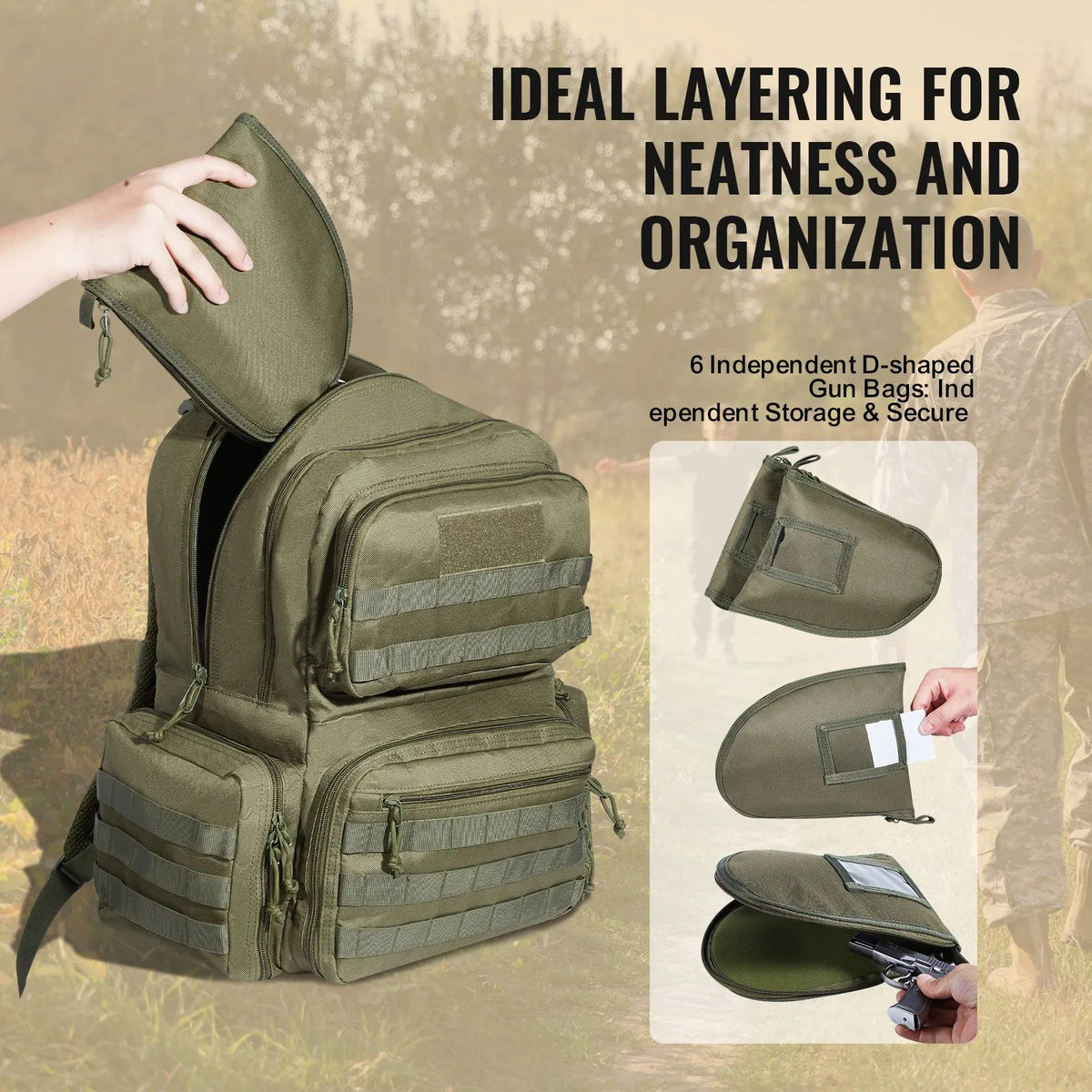 Tactical Backpack for 6 Pistols — 6 Separate Pouches, 10 Magazines, Lockable, Green