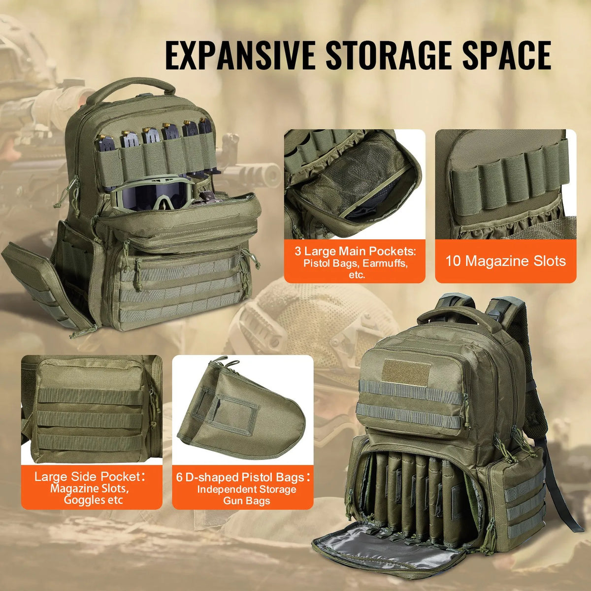 Tactical Backpack for 6 Pistols — 6 Separate Pouches, 10 Magazines, Lockable, Green