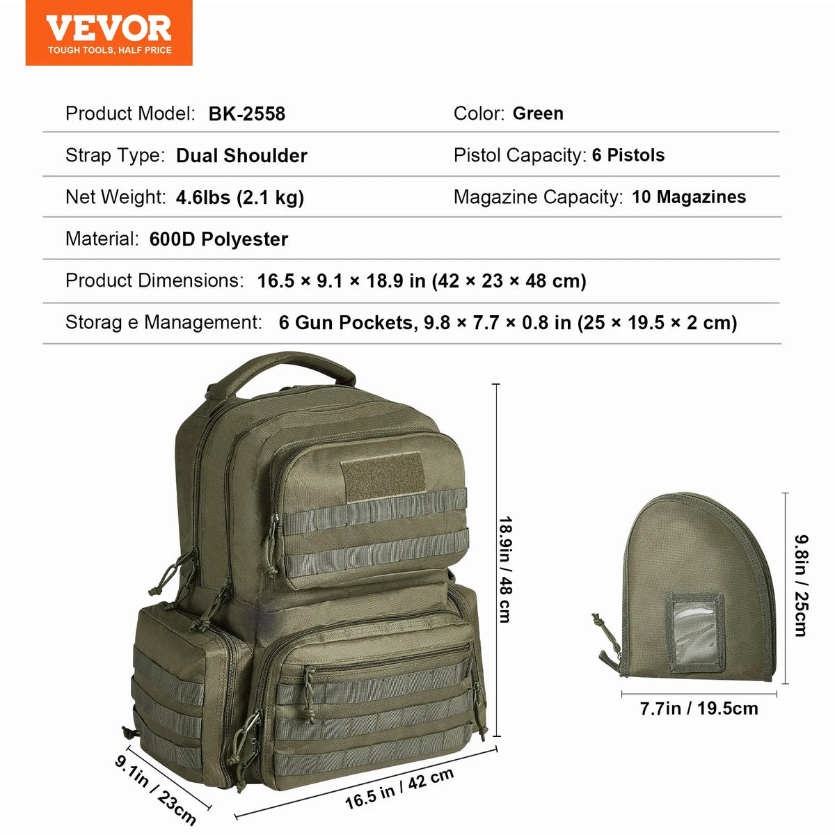 Tactical Backpack for 6 Pistols — 6 Separate Pouches, 10 Magazines, Lockable, Green