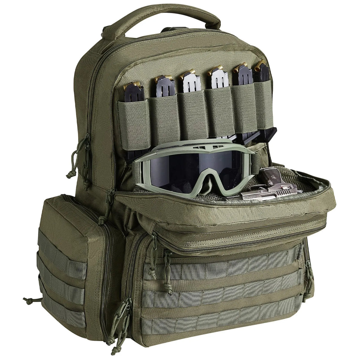 Tactical Backpack for 6 Pistols — 6 Separate Pouches, 10 Magazines, Lockable, Green