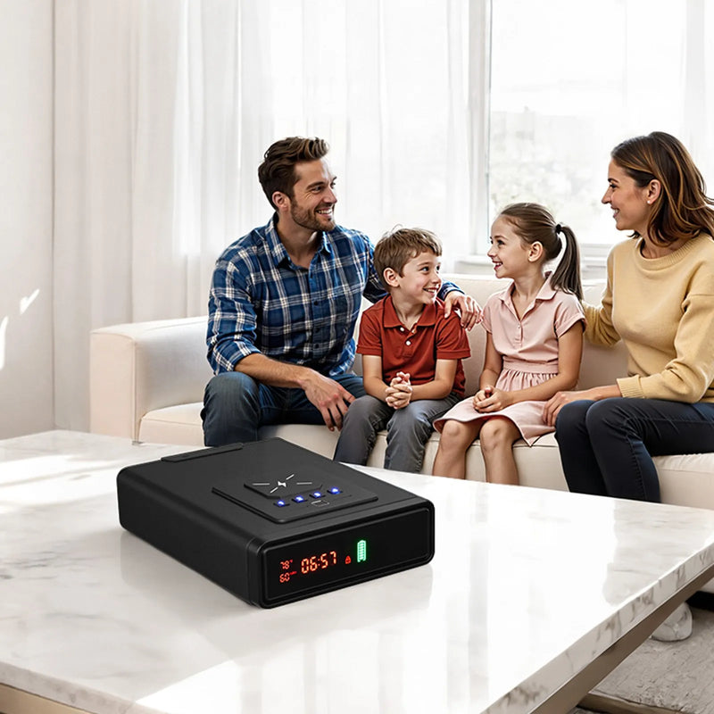 VEVOR pistoles atvilktnes seifs, ieroču seifs ar pirkstu nospieduma, paroles un atslēgas piekļuvi, ātrās piekļuves sistēma ar displeju, paredzēts 2 pistolēm un aptverēm, ar bezvadu uzlādi, lietošanai uz galda vai pie gultas