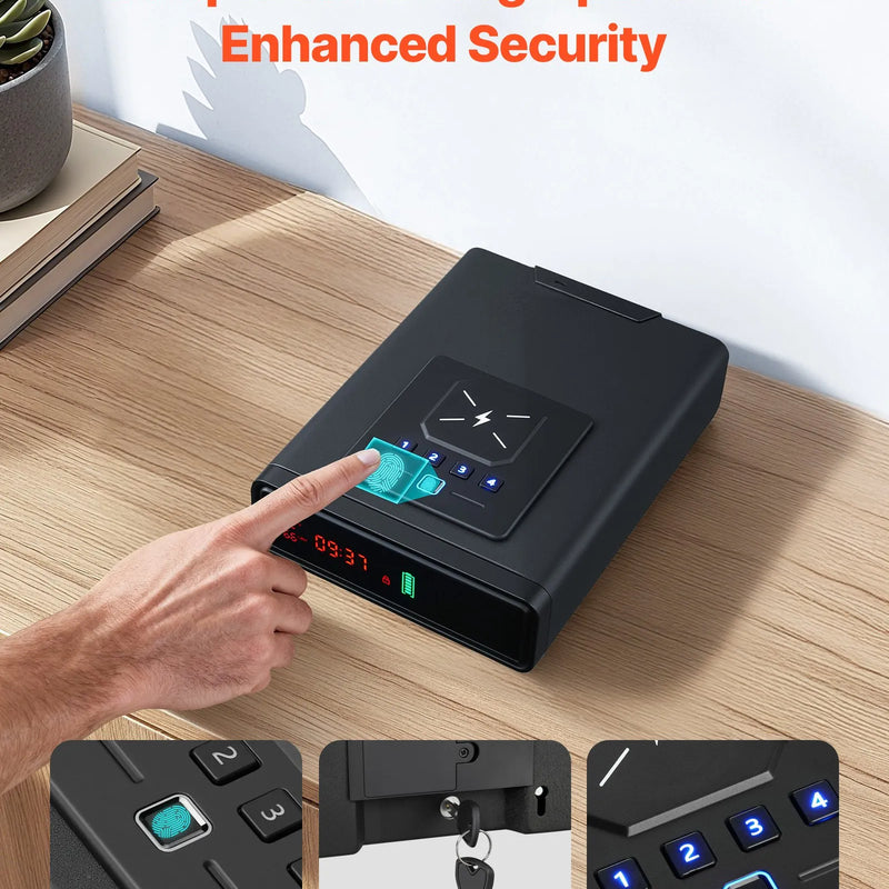 VEVOR pistoles atvilktnes seifs, ieroču seifs ar pirkstu nospieduma, paroles un atslēgas piekļuvi, ātrās piekļuves sistēma ar displeju, paredzēts 2 pistolēm un aptverēm, ar bezvadu uzlādi, lietošanai uz galda vai pie gultas