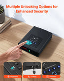 VEVOR pistoles atvilktnes seifs, ieroču seifs ar pirkstu nospieduma, paroles un atslēgas piekļuvi, ātrās piekļuves sistēma ar displeju, paredzēts 2 pistolēm un aptverēm, ar bezvadu uzlādi, lietošanai uz galda vai pie gultas