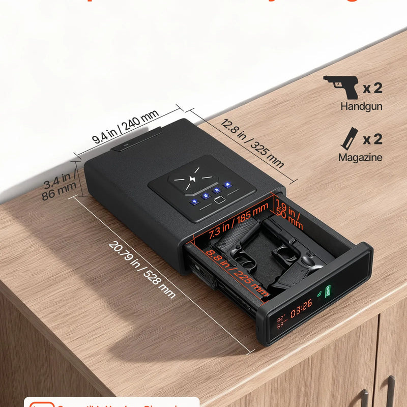 VEVOR pistoles atvilktnes seifs, ieroču seifs ar pirkstu nospieduma, paroles un atslēgas piekļuvi, ātrās piekļuves sistēma ar displeju, paredzēts 2 pistolēm un aptverēm, ar bezvadu uzlādi, lietošanai uz galda vai pie gultas