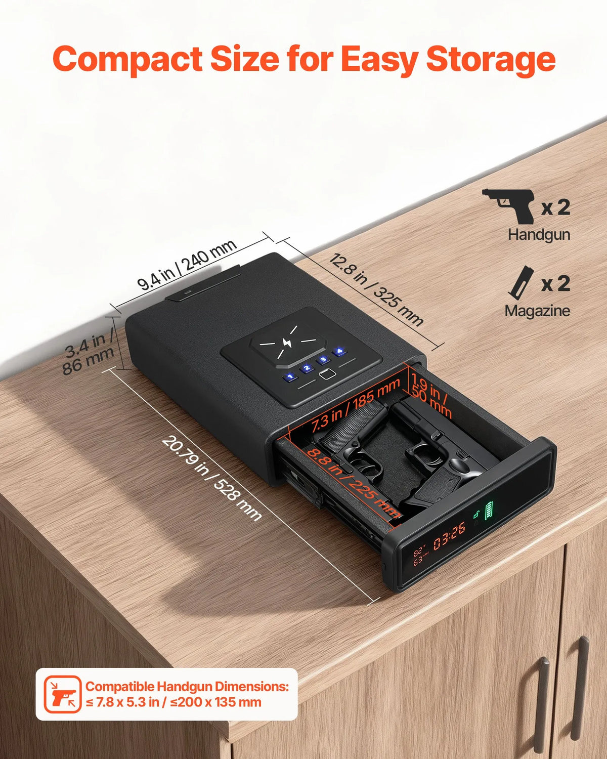 VEVOR Pistol Drawer Safe, Gun Safe with Fingerprint, Password and Key Access, Quick Access System with Display, Fits 2 Pistols and Holsters, with Wireless Charging, for Desk or Bedside Use