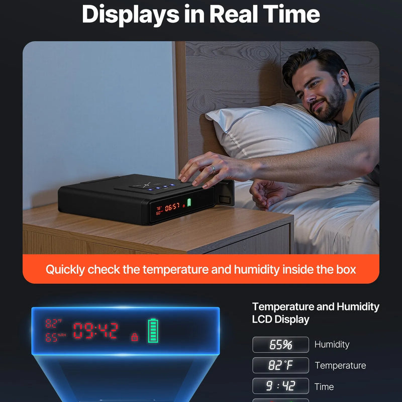 VEVOR pistoles atvilktnes seifs, ieroču seifs ar pirkstu nospieduma, paroles un atslēgas piekļuvi, ātrās piekļuves sistēma ar displeju, paredzēts 2 pistolēm un aptverēm, ar bezvadu uzlādi, lietošanai uz galda vai pie gultas