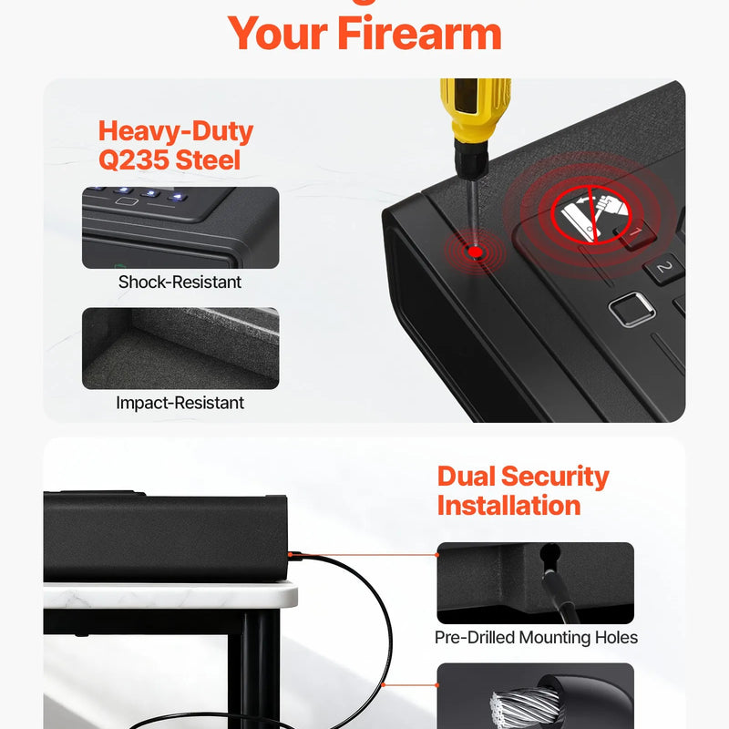 VEVOR pistoles atvilktnes seifs, ieroču seifs ar pirkstu nospieduma, paroles un atslēgas piekļuvi, ātrās piekļuves sistēma ar displeju, paredzēts 2 pistolēm un aptverēm, ar bezvadu uzlādi, lietošanai uz galda vai pie gultas