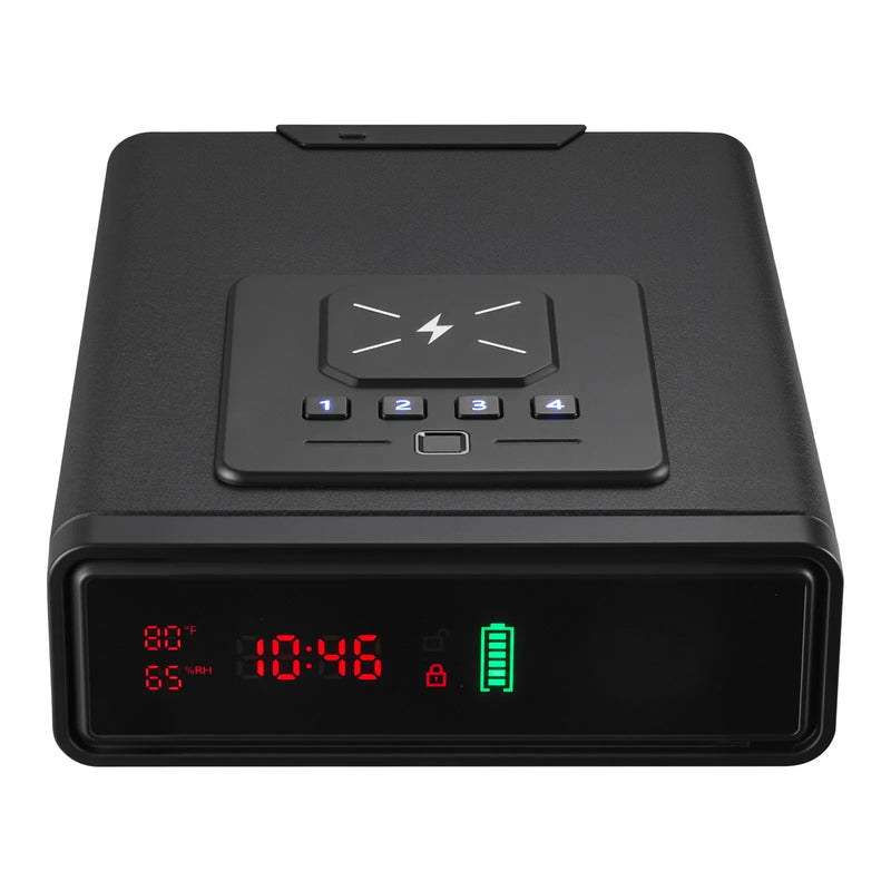 VEVOR pistoles atvilktnes seifs, ieroču seifs ar pirkstu nospieduma, paroles un atslēgas piekļuvi, ātrās piekļuves sistēma ar displeju, paredzēts 2 pistolēm un aptverēm, ar bezvadu uzlādi, lietošanai uz galda vai pie gultas