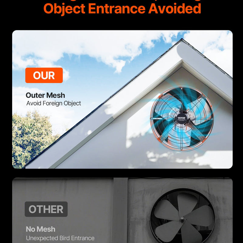 VEVOR 38 cm sienas stiprināmais bēniņu izplūdes ventilators, 2804 m³/h, ar regulējamu termostatu