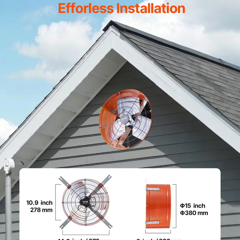 VEVOR 38 cm sienas stiprināmais bēniņu izplūdes ventilators, 2804 m³/h, ar regulējamu termostatu