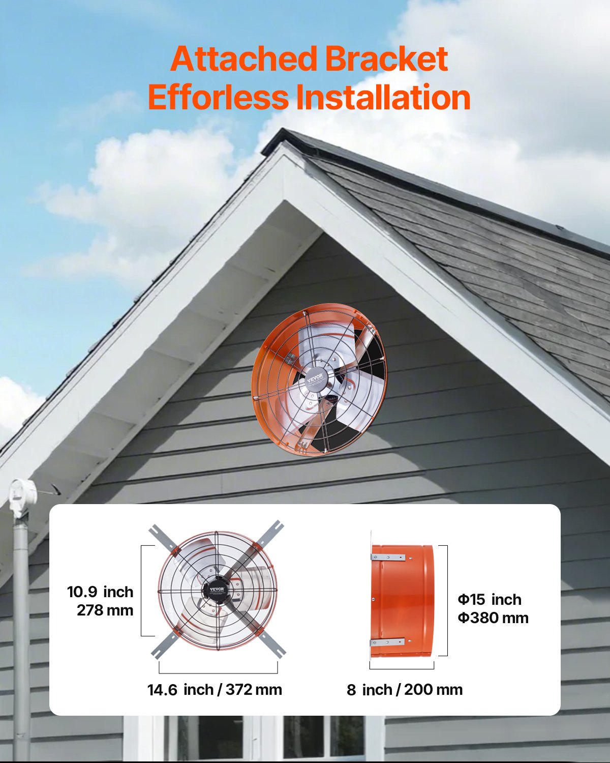 VEVOR 38 cm sienas stiprināmais bēniņu izplūdes ventilators, 2804 m³/h, ar regulējamu termostatu