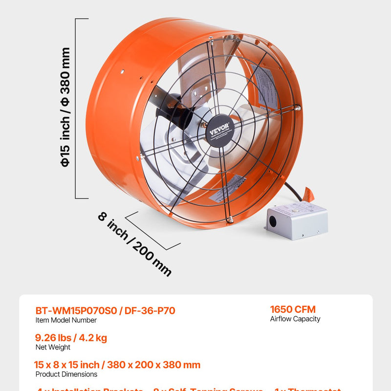 VEVOR 38 cm sienas stiprināmais bēniņu izplūdes ventilators, 2804 m³/h, ar regulējamu termostatu