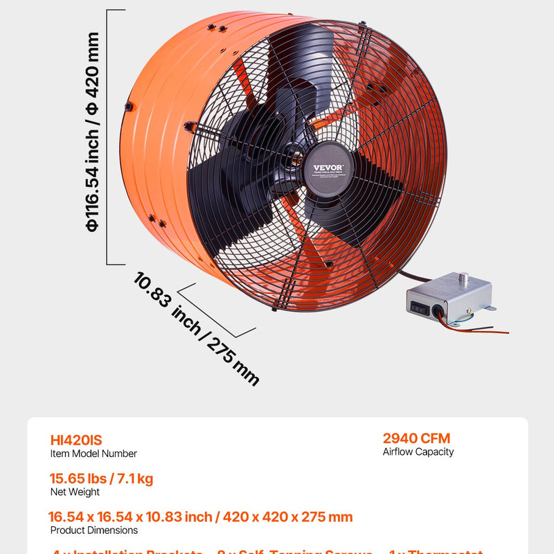 VEVOR 40,6 cm sienas stiprināmais bēniņu ventilators, 4995 m³/h, ar regulējamu termostatu