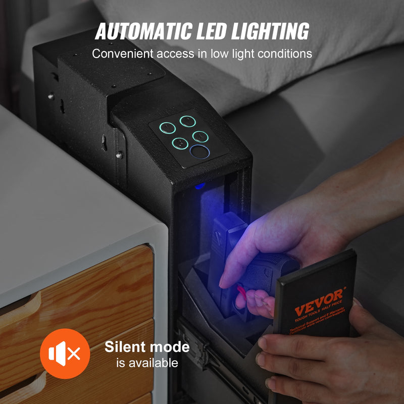 VEVOR sienas stiprināms pistoles seifs – biometriskais seifs ar trīs ātras piekļuves veidiem: pirkstu nospiedumiem, paroli un atslēgām, paredzēts 1 pistolei – lietošanai mājās, pie gultas, uz naktsgaldiņa vai sienas