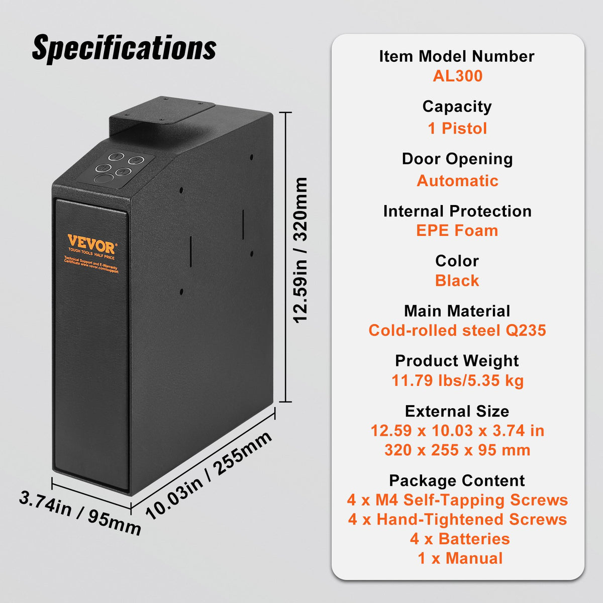 VEVOR Wall-Mounted Gun Safe – Biometric Safe with Three Quick Access Methods: Fingerprint, Password and Keys, for 1 Pistol – for Home, Bedside, Nightstand or Wall Use
