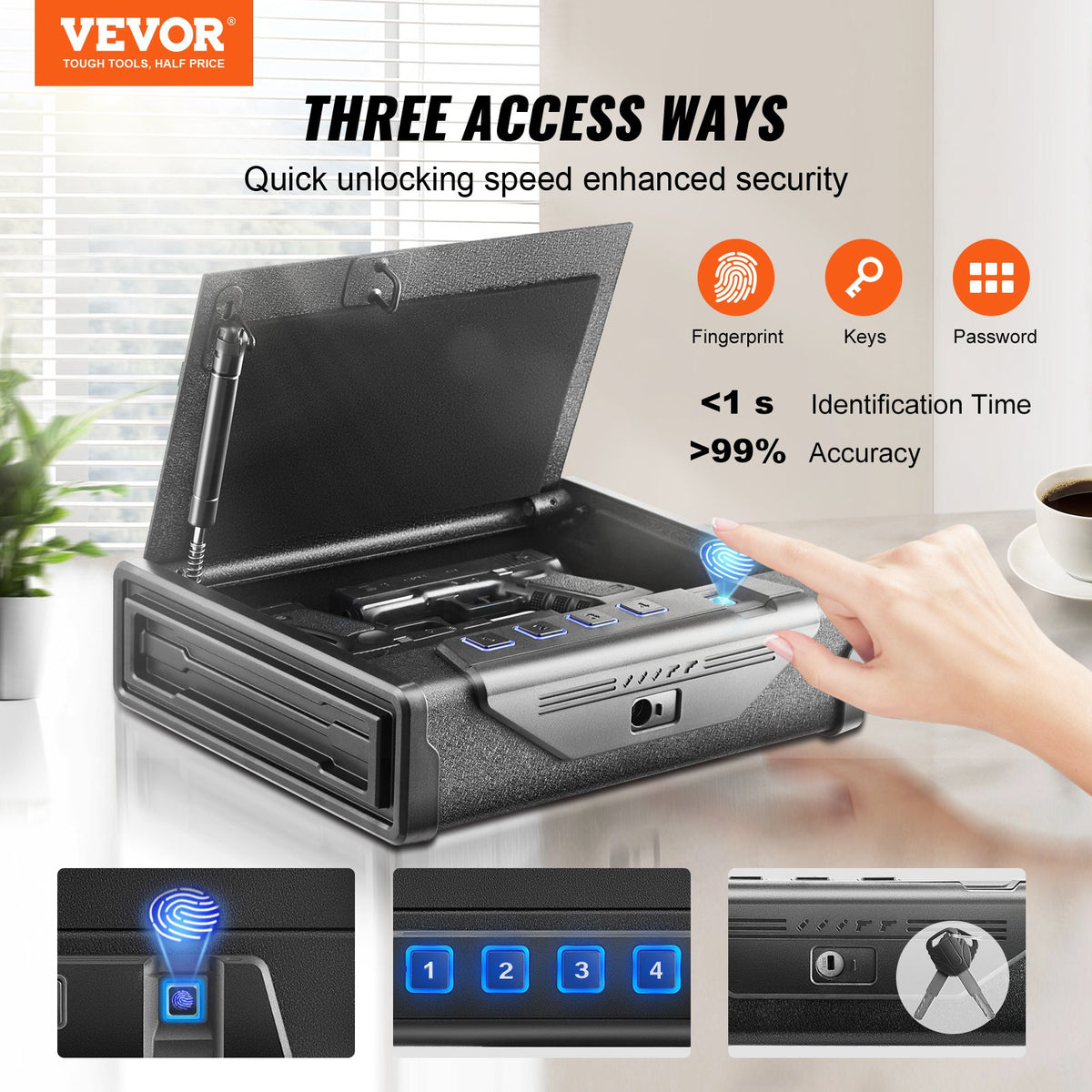 VEVOR Biometric Gun Safe with 3 Access Methods – Fits 2 Pistols