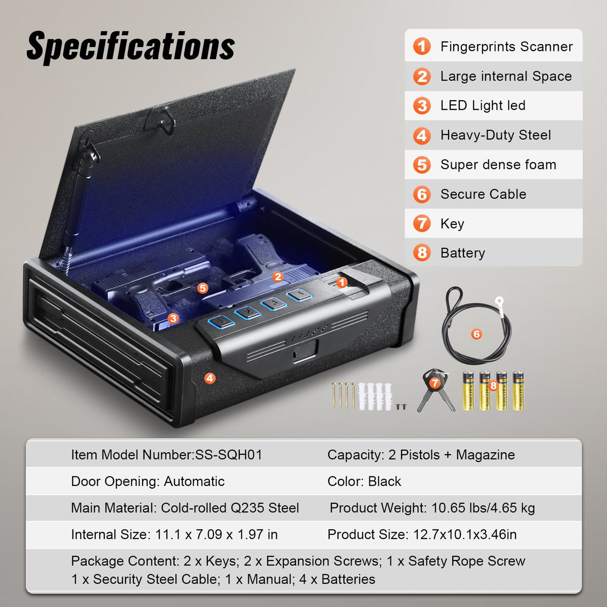 VEVOR Biometric Gun Safe with 3 Access Methods – Fits 2 Pistols