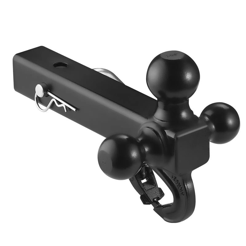 Piekabes āķis ar 50 mm uztvērēju, trīskāršo lodveida āķi (47,6 mm, 50 mm, 58,7 mm) un vilkšanas āķi, oglekļa tērauds, kravnesība līdz 6 800 kg