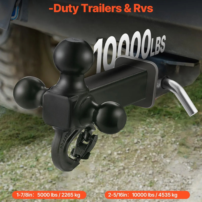 Piekabes āķis ar 50 mm uztvērēju, trīskāršo lodveida āķi (47,6 mm, 50 mm, 58,7 mm) un vilkšanas āķi, oglekļa tērauds, kravnesība līdz 6 800 kg