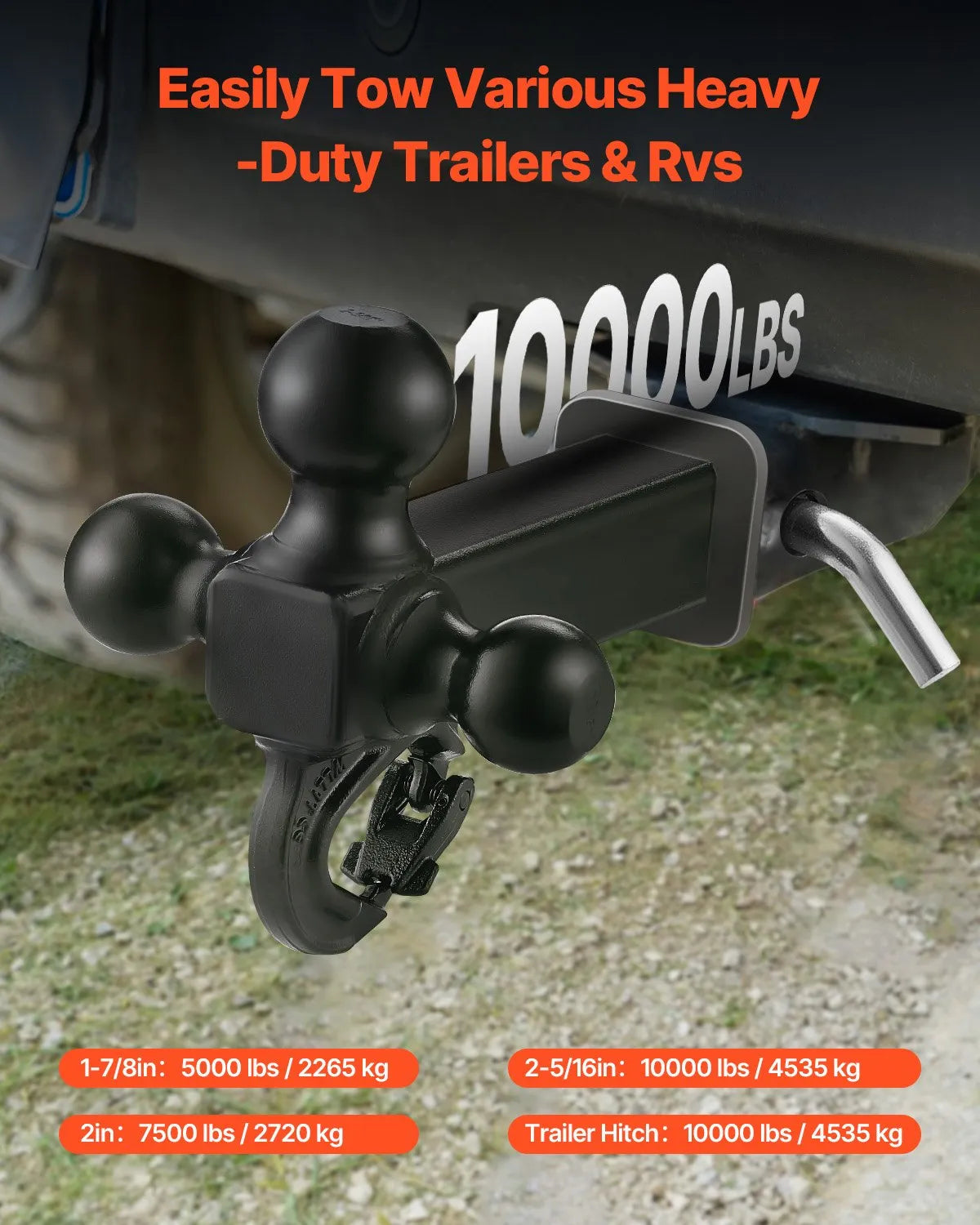 VEVOR Tow Hitch with 50 mm Receiver, Triple Ball Hitch (47.6 mm, 50 mm, 58.7 mm) and Towing Hook, Carbon Steel, Load Capacity up to 6,800 kg