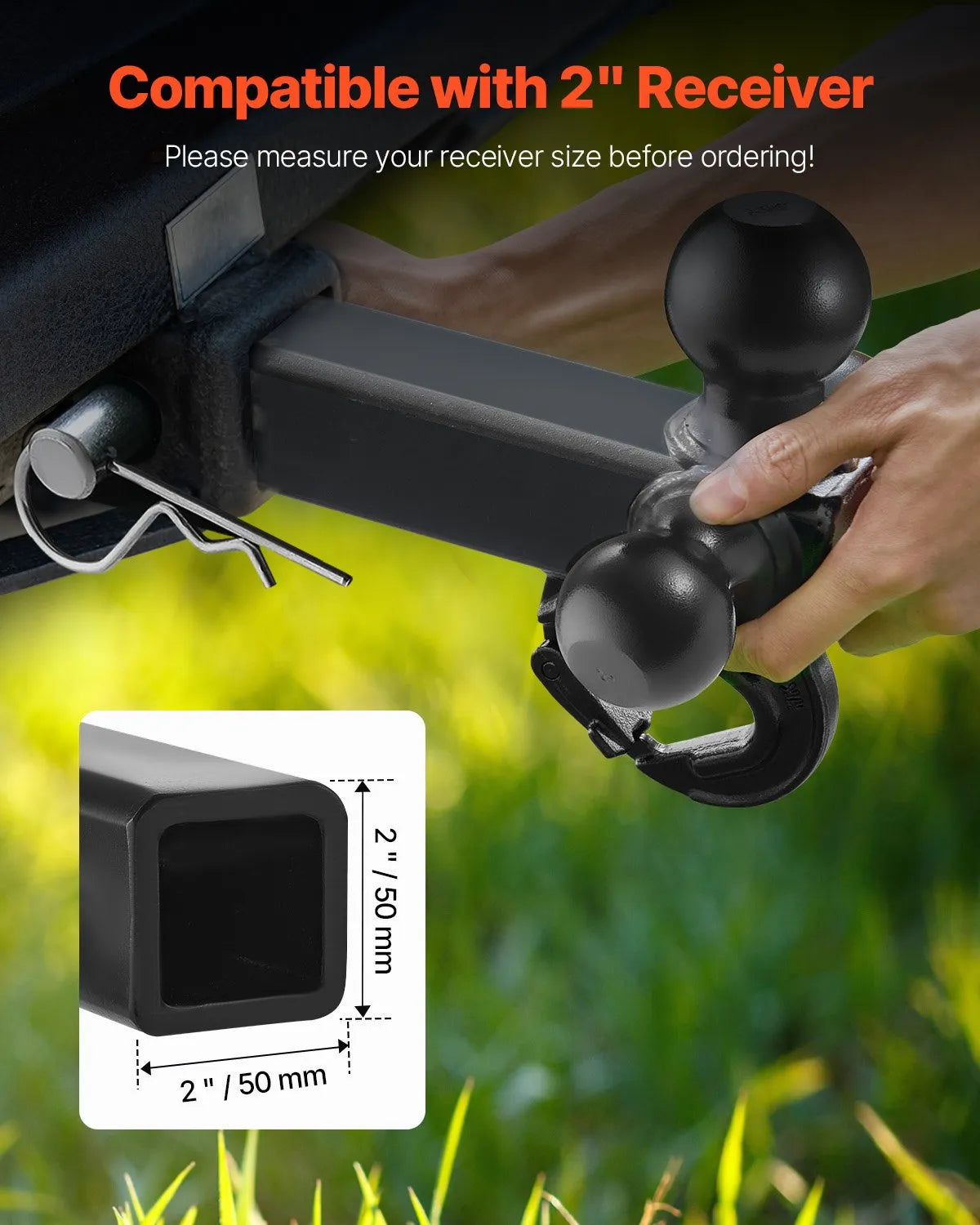 VEVOR Tow Hitch with 50 mm Receiver, Triple Ball Hitch (47.6 mm, 50 mm, 58.7 mm) and Towing Hook, Carbon Steel, Load Capacity up to 6,800 kg
