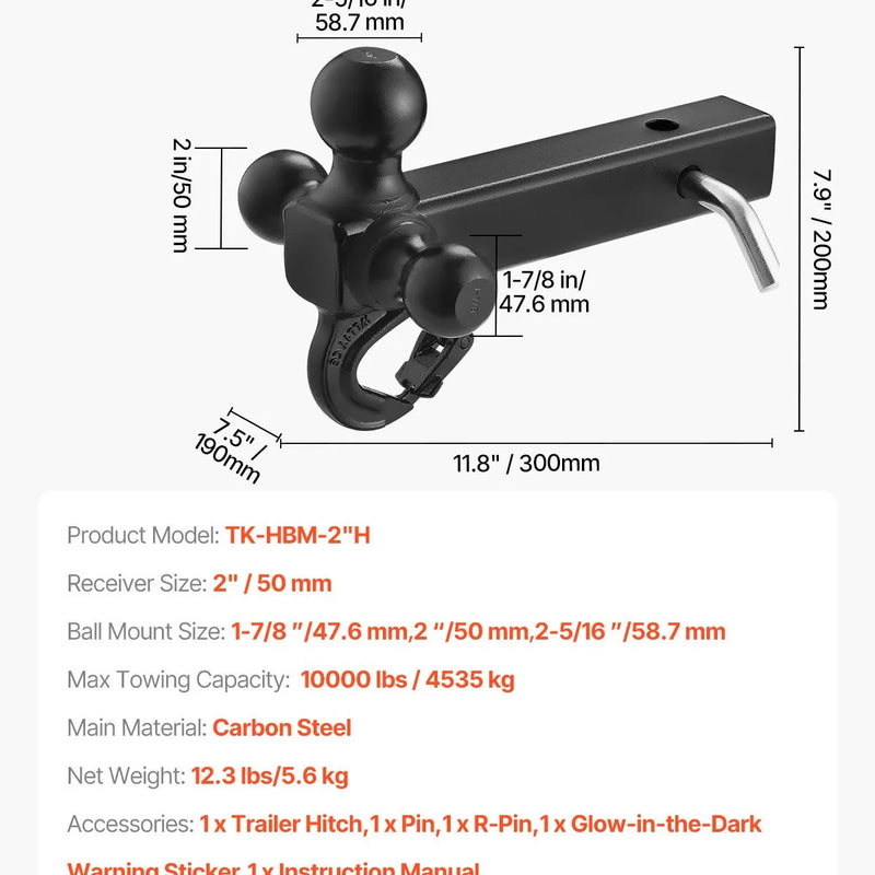 Piekabes āķis ar 50 mm uztvērēju, trīskāršo lodveida āķi (47,6 mm, 50 mm, 58,7 mm) un vilkšanas āķi, oglekļa tērauds, kravnesība līdz 6 800 kg
