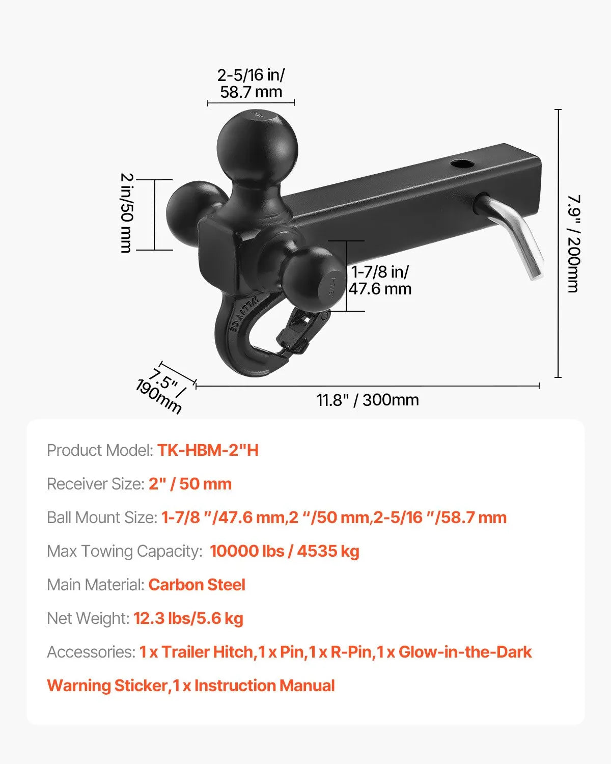 VEVOR Tow Hitch with 50 mm Receiver, Triple Ball Hitch (47.6 mm, 50 mm, 58.7 mm) and Towing Hook, Carbon Steel, Load Capacity up to 6,800 kg